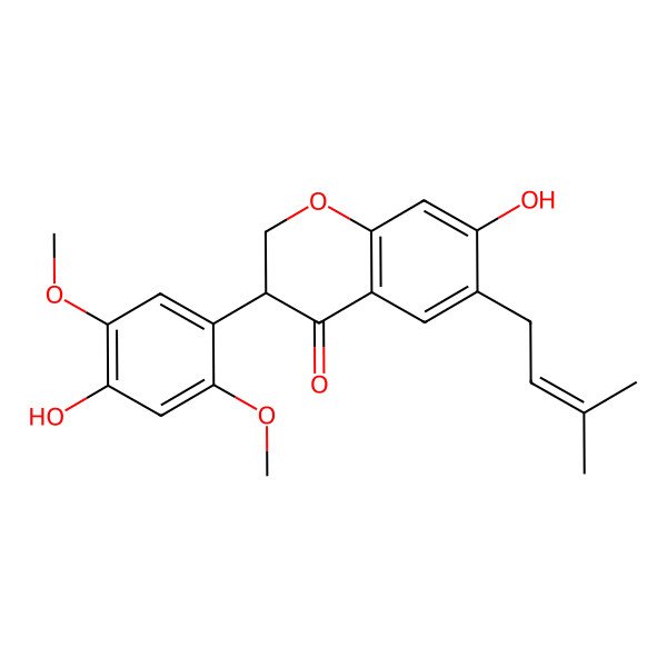 2D Structure of (3S)-7-hydroxy-3-(4-hydroxy-2,5-dimethoxyphenyl)-6-(3-methylbut-2-enyl)-2,3-dihydrochromen-4-one