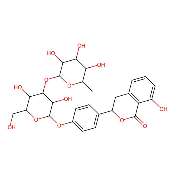 2D Structure of 3S-hydrangenol 4'-O-alpha-L-rhamnopyranoysl-(1->3)-beta-D-glucopyranoside