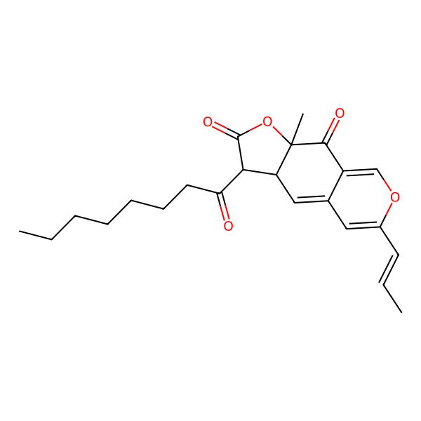 2D Structure of (3S,3aR,9aR)-9a-methyl-3-octanoyl-6-[(E)-prop-1-enyl]-3,3a-dihydrofuro[3,2-g]isochromene-2,9-dione