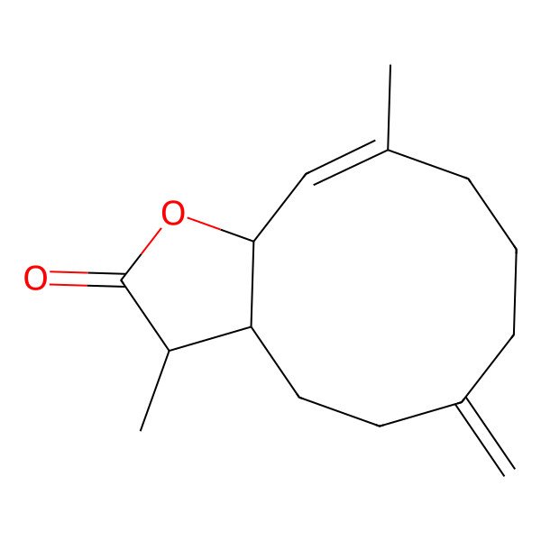 2D Structure of (3S,3aS,10E,11aS)-3,10-dimethyl-6-methylidene-3,3a,4,5,7,8,9,11a-octahydrocyclodeca[b]furan-2-one