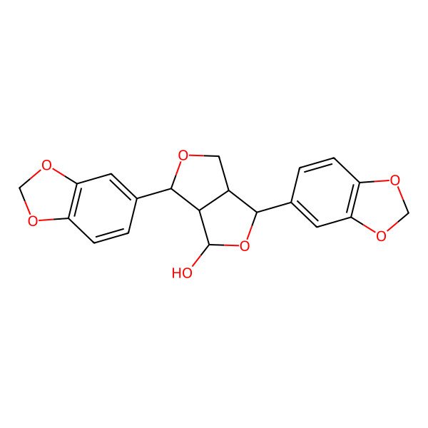 2D Structure of (3S,3aS,6S,6aR)-3,6-bis(1,3-benzodioxol-5-yl)-1,3,3a,4,6,6a-hexahydrofuro[3,4-c]furan-4-ol