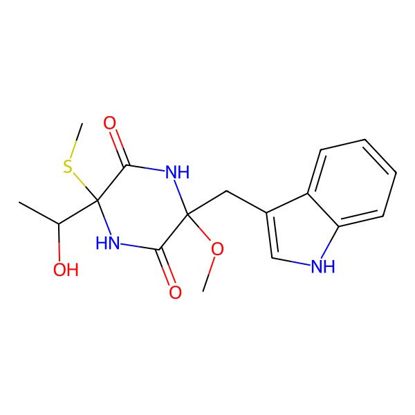 2D Structure of (3S,6S)-3-(1-hydroxyethyl)-6-(1H-indol-3-ylmethyl)-6-methoxy-3-methylsulfanylpiperazine-2,5-dione