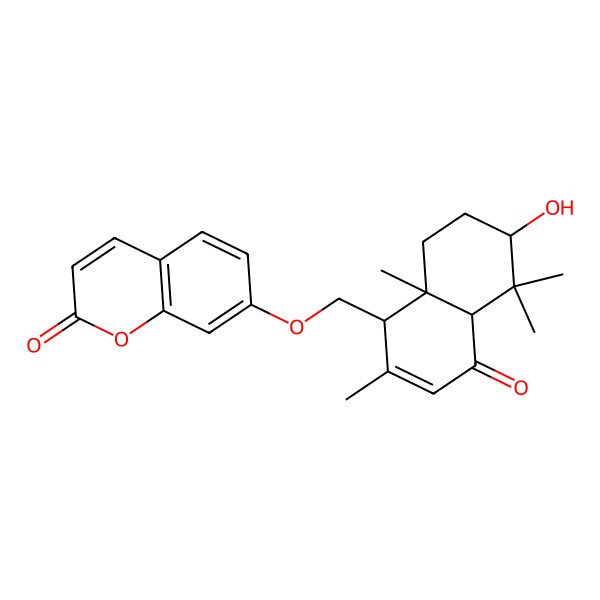 2D Structure of (3'x,5'a,9'x,10'b)-O-(3-Hydroxy-6-oxo-7-drimen-11-yl)umbelliferone 2D Structure of (3'x,5'a,9'x,10'b)-O-(3-Hydroxy-6-oxo-7-drimen-11-yl)umbelliferone