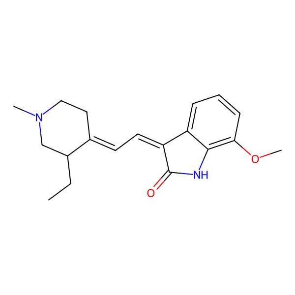 2D Structure of (3Z)-3-[(2Z)-2-[(3S)-3-ethyl-1-methylpiperidin-4-ylidene]ethylidene]-7-methoxy-1H-indol-2-one