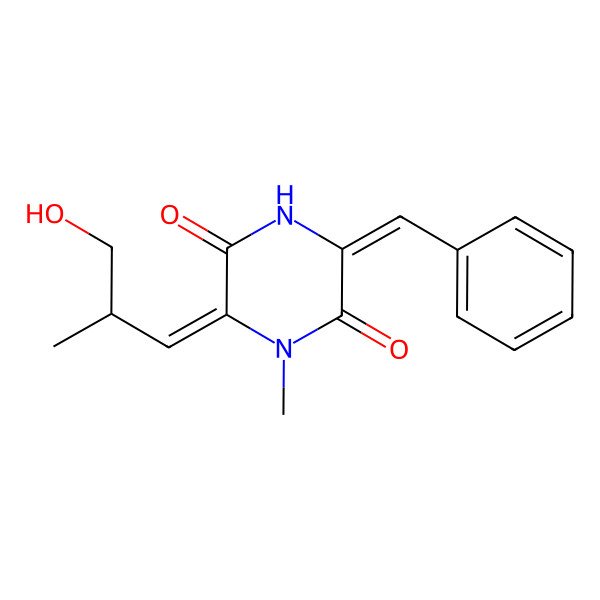 2D Structure of (3Z,6E)-1-N-methyl-3-benzylidene-6-(2S-methyl-3-hydroxypropylidene)piperazine-2,5-dione