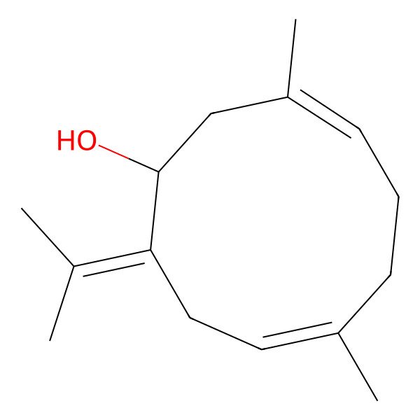 2D Structure of (3Z,7Z)-3,7-dimethyl-10-propan-2-ylidenecyclodeca-3,7-dien-1-ol
