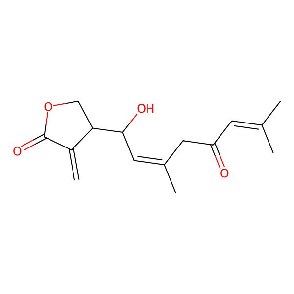 2D Structure of 4-(1-Hydroxy-3,7-dimethyl-5-oxoocta-2,6-dienyl)-3-methylideneoxolan-2-one 2D Structure of 4-(1-Hydroxy-3,7-dimethyl-5-oxoocta-2,6-dienyl)-3-methylideneoxolan-2-one