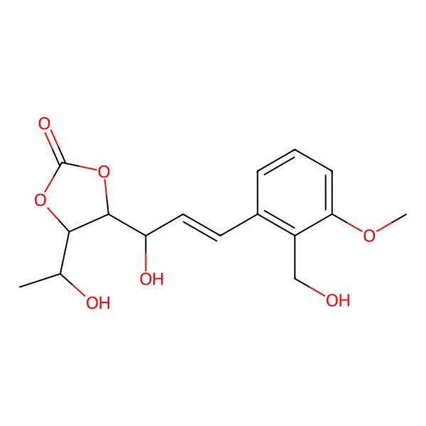 2D Structure of 4-(1-Hydroxyethyl)-5-[1-hydroxy-3-[2-(hydroxymethyl)-3-methoxyphenyl]prop-2-enyl]-1,3-dioxolan-2-one