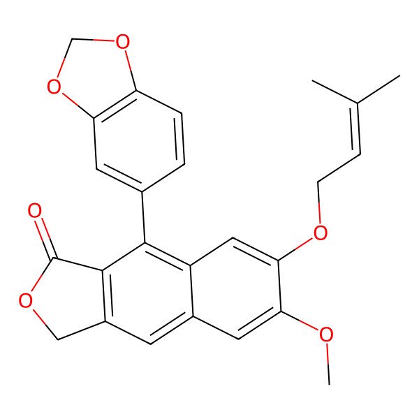 2D Structure of 4-(1,3-benzodioxol-5-yl)-7-methoxy-6-(3-methylbut-2-enoxy)-1H-benzo[f][2]benzofuran-3-one
