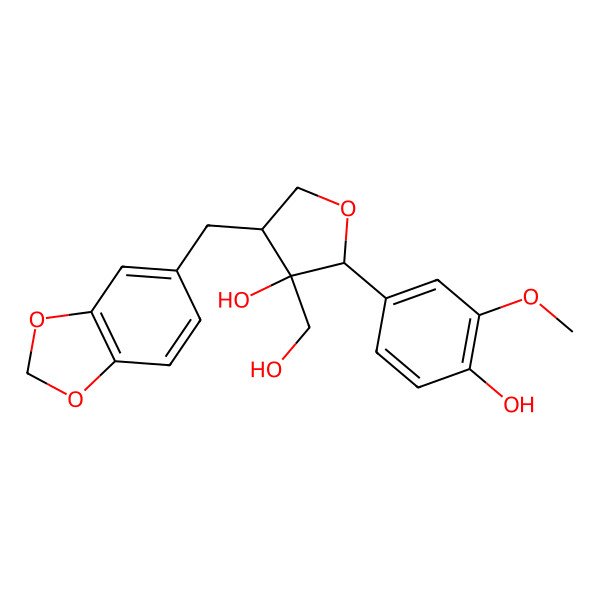2D Structure of 4-(1,3-Benzodioxol-5-ylmethyl)-2-(4-hydroxy-3-methoxyphenyl)-3-(hydroxymethyl)oxolan-3-ol
