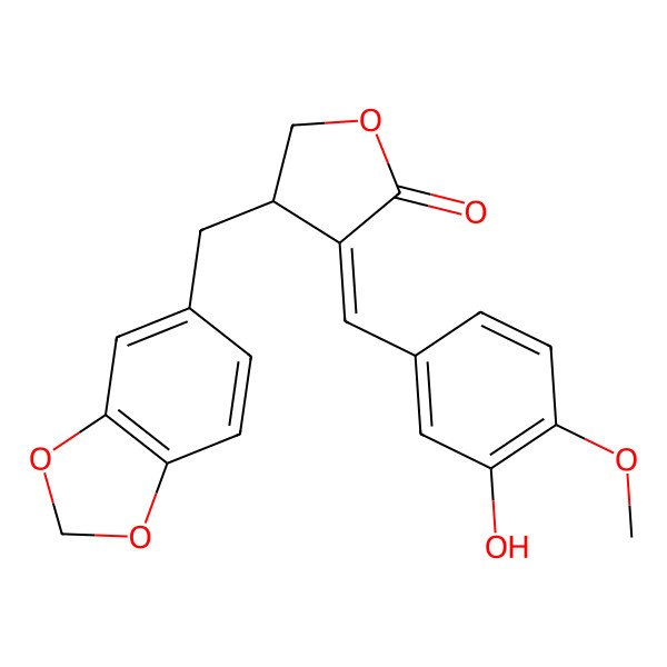 2D Structure of 4-(1,3-Benzodioxol-5-ylmethyl)-3-[(3-hydroxy-4-methoxyphenyl)methylidene]oxolan-2-one