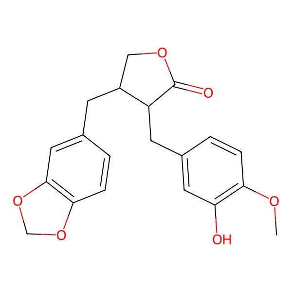 2D Structure of 4-(1,3-Benzodioxol-5-ylmethyl)-3-[(3-hydroxy-4-methoxyphenyl)methyl]oxolan-2-one