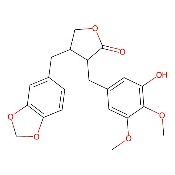 2D Structure of 4-(1,3-Benzodioxol-5-ylmethyl)-3-[(3-hydroxy-4,5-dimethoxyphenyl)methyl]oxolan-2-one