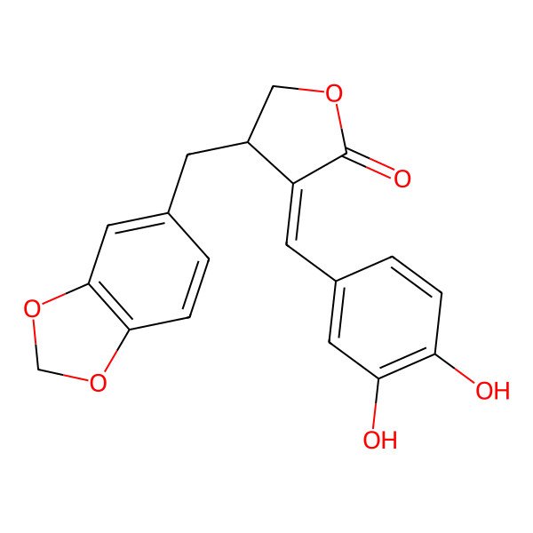 2D Structure of 4-(1,3-Benzodioxol-5-ylmethyl)-3-[(3,4-dihydroxyphenyl)methylidene]oxolan-2-one