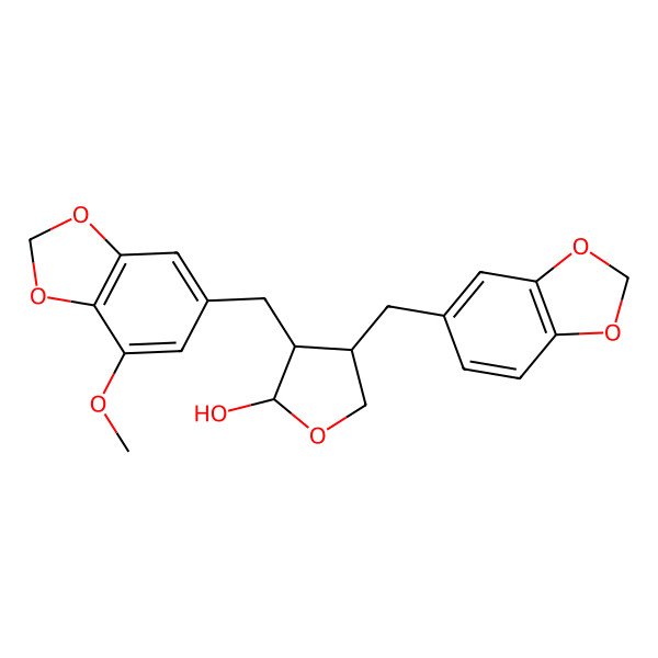2D Structure of 4-(1,3-Benzodioxol-5-ylmethyl)-3-[(7-methoxy-1,3-benzodioxol-5-yl)methyl]oxolan-2-ol