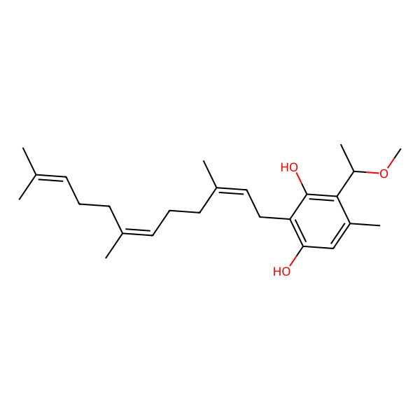 2D Structure of 4-[(1R)-1-methoxyethyl]-5-methyl-2-[(2E,6E)-3,7,11-trimethyldodeca-2,6,10-trienyl]benzene-1,3-diol