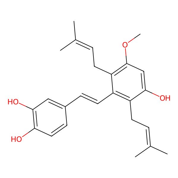 2D Structure of 4-[2-[3-Hydroxy-5-methoxy-2,6-bis(3-methylbut-2-enyl)phenyl]ethenyl]benzene-1,2-diol