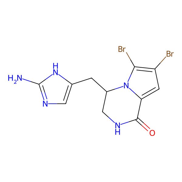 2D Structure of 4-[(2-amino-1H-imidazol-5-yl)methyl]-6,7-dibromo-3,4-dihydro-2H-pyrrolo[1,2-a]pyrazin-1-one