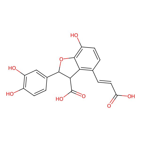 2D Structure of 4-(2-Carboxyethenyl)-2-(3,4-dihydroxyphenyl)-7-hydroxy-2,3-dihydro-1-benzofuran-3-carboxylic acid 2D Structure of 4-(2-Carboxyethenyl)-2-(3,4-dihydroxyphenyl)-7-hydroxy-2,3-dihydro-1-benzofuran-3-carboxylic acid