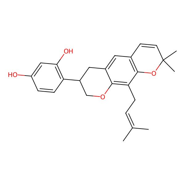 2D Structure of 4-[2,2-dimethyl-10-(3-methylbut-2-enyl)-7,8-dihydro-6H-pyrano[3,2-g]chromen-7-yl]benzene-1,3-diol