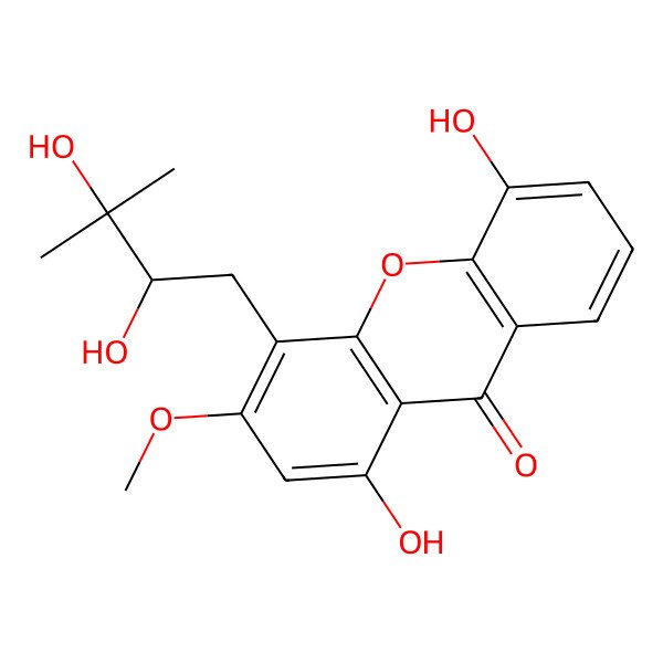 2D Structure of 4-(2,3-Dihydroxy-3-methylbutyl)-1,5-dihydroxy-3-methoxyxanthen-9-one