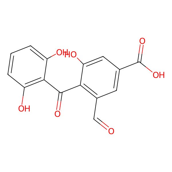2D Structure of 4-(2,6-Dihydroxybenzoyl)-3-formyl-5-hydroxybenzoic acid