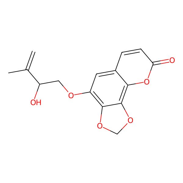 2D Structure of 4-[(2R)-2-hydroxy-3-methylbut-3-enoxy]-[1,3]dioxolo[4,5-h]chromen-8-one