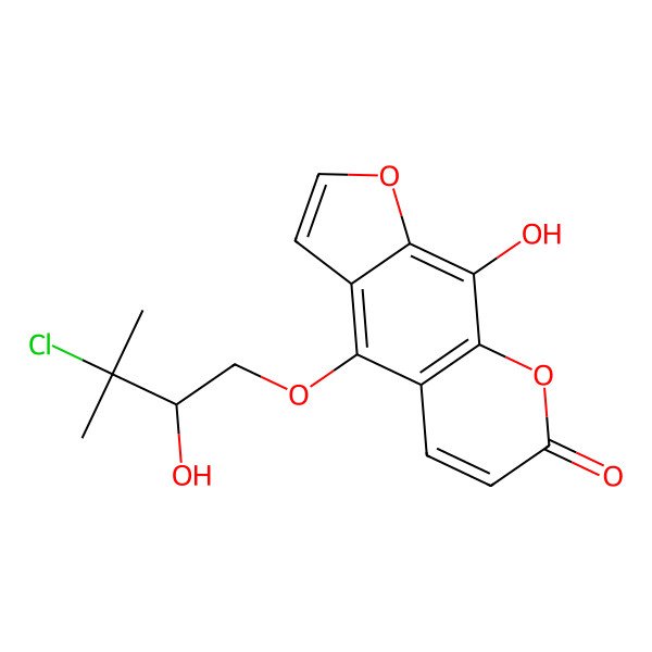 2D Structure of 4-[(2R)-3-chloro-2-hydroxy-3-methylbutoxy]-9-hydroxyfuro[3,2-g]chromen-7-one