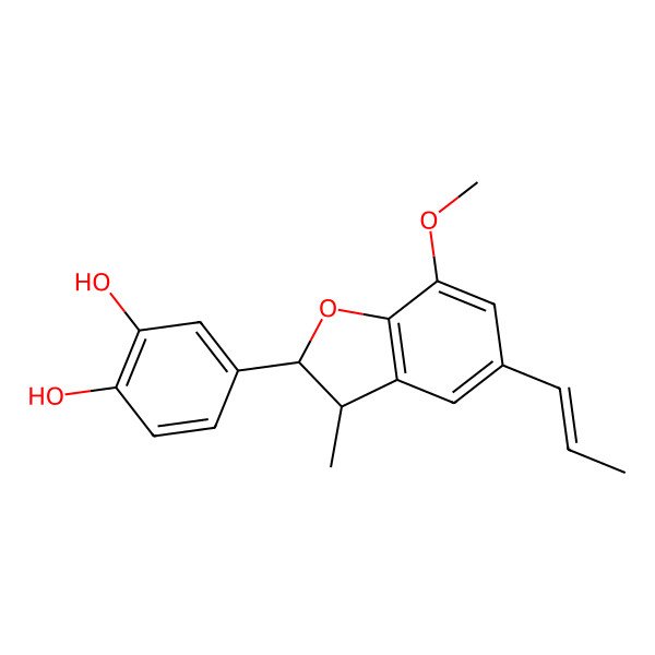 2D Structure of 4-[(2R,3R)-7-methoxy-3-methyl-5-[(E)-prop-1-enyl]-2,3-dihydro-1-benzofuran-2-yl]benzene-1,2-diol
