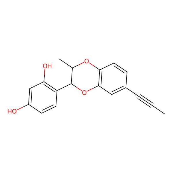2D Structure of 4-[(2R,3S)-2-methyl-6-prop-1-ynyl-2,3-dihydro-1,4-benzodioxin-3-yl]benzene-1,3-diol