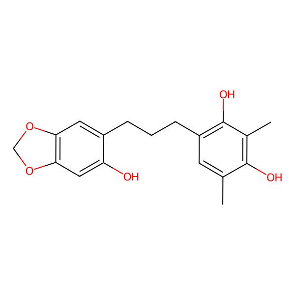 2D Structure of 4-[3-(6-Hydroxy-1,3-benzodioxol-5-yl)propyl]-2,6-dimethylbenzene-1,3-diol