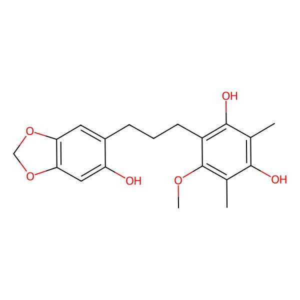 2D Structure of 4-[3-(6-Hydroxy-1,3-benzodioxol-5-yl)propyl]-5-methoxy-2,6-dimethylbenzene-1,3-diol