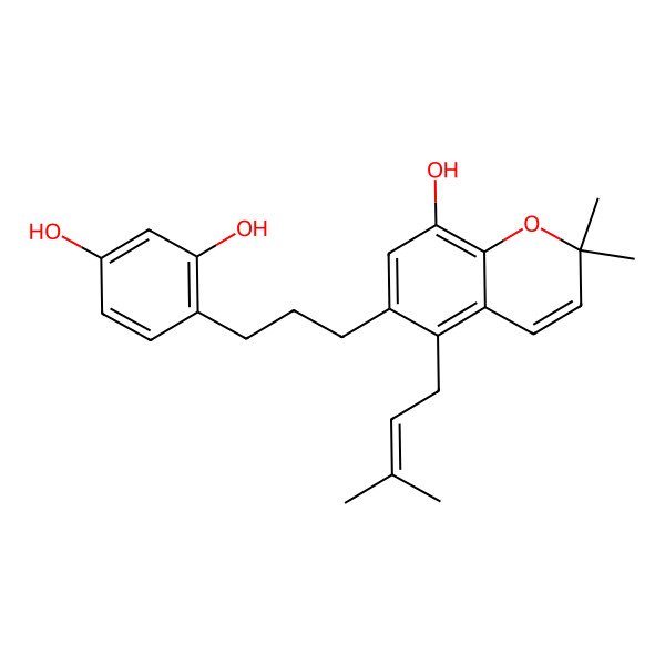 2D Structure of 4-[3-[8-Hydroxy-2,2-dimethyl-5-(3-methylbut-2-enyl)chromen-6-yl]propyl]benzene-1,3-diol