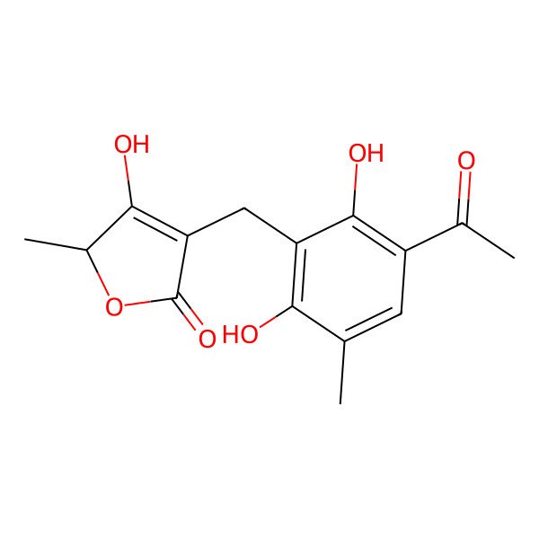 2D Structure of 4-[(3-acetyl-2,6-dihydroxy-5-methylphenyl)methyl]-3-hydroxy-2-methyl-2H-furan-5-one