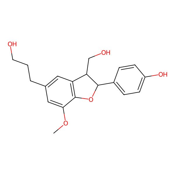2D Structure of 4-[3-(Hydroxymethyl)-5-(3-hydroxypropyl)-7-methoxy-2,3-dihydro-1-benzofuran-2-yl]phenol