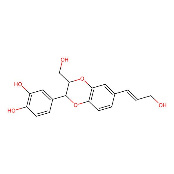 2D Structure of 4-[3-(Hydroxymethyl)-6-(3-hydroxyprop-1-enyl)-2,3-dihydro-1,4-benzodioxin-2-yl]benzene-1,2-diol