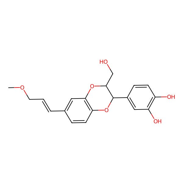 2D Structure of 4-[3-(Hydroxymethyl)-6-(3-methoxyprop-1-enyl)-2,3-dihydro-1,4-benzodioxin-2-yl]benzene-1,2-diol