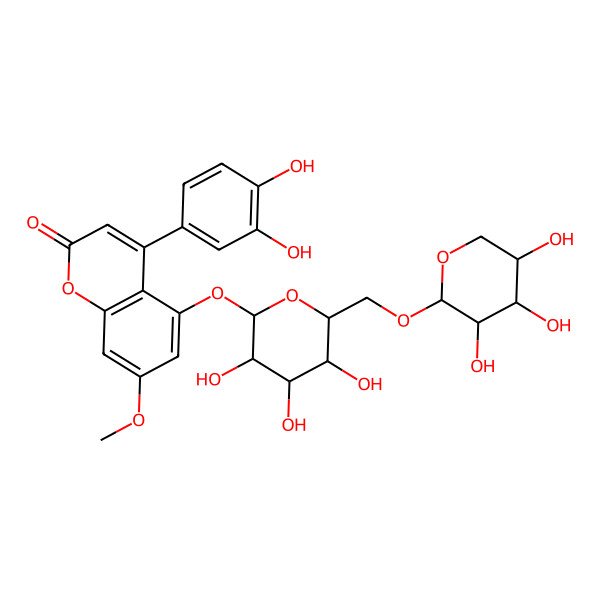 2D Structure of 4-(3,4-Dihydroxyphenyl)-5-[(6-O-beta-D-xylopyranosyl-beta-D-glucopyranosyl)oxy]-7-methoxycoumarin