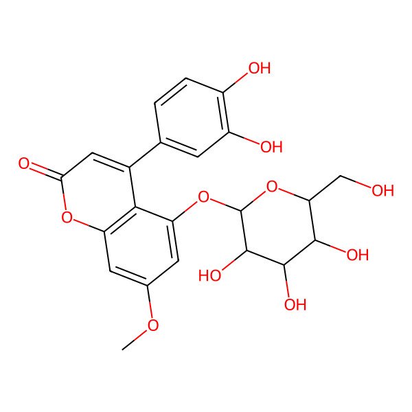 2D Structure of 4-(3,4-Dihydroxyphenyl)-5-(beta-D-glucopyranosyloxy)-7-methoxy-2H-1-benzopyran-2-one 2D Structure of 4-(3,4-Dihydroxyphenyl)-5-(beta-D-glucopyranosyloxy)-7-methoxy-2H-1-benzopyran-2-one