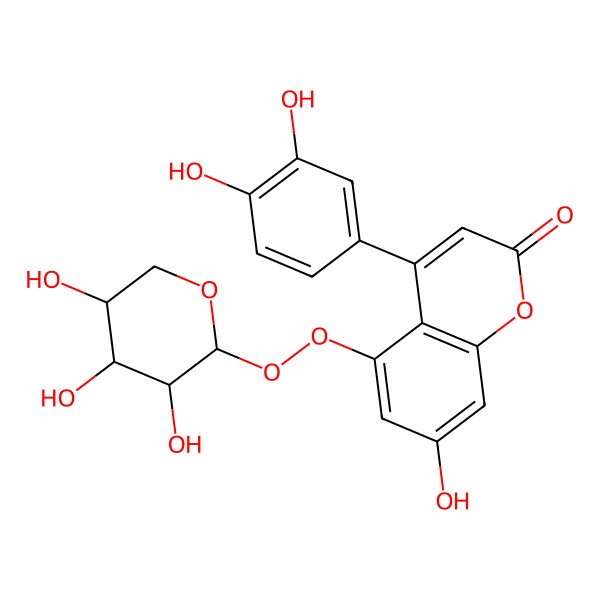 2D Structure of 4-(3,4-dihydroxyphenyl)-7-hydroxy-5-[(2S,3R,4S,5R)-3,4,5-trihydroxyoxan-2-yl]peroxychromen-2-one
