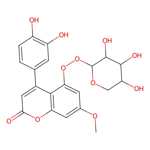 2D Structure of 4-(3,4-dihydroxyphenyl)-7-methoxy-5-[(2S,3R,4S,5R)-3,4,5-trihydroxyoxan-2-yl]peroxychromen-2-one