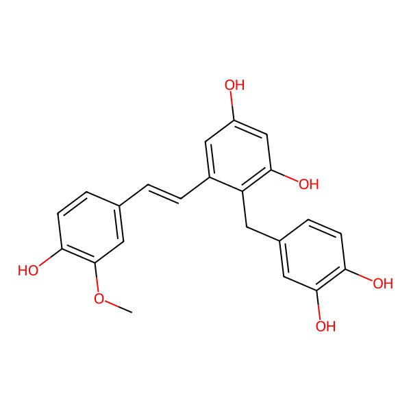 2D Structure of 4-[(3,4-Dihydroxyphenyl)methyl]-5-[2-(4-hydroxy-3-methoxyphenyl)ethenyl]benzene-1,3-diol