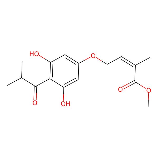 2D Structure of 4-[3,5-Dihydroxy-4-(2-methyl-1-oxopropyl)phenoxy]-2-methyl-2-butenoic acid methyl ester