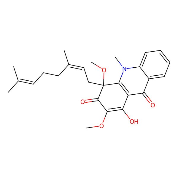 2D Structure of 4-(3,7-Dimethylocta-2,6-dienyl)-1-hydroxy-2,4-dimethoxy-10-methylacridine-3,9-dione 2D Structure of 4-(3,7-Dimethylocta-2,6-dienyl)-1-hydroxy-2,4-dimethoxy-10-methylacridine-3,9-dione
