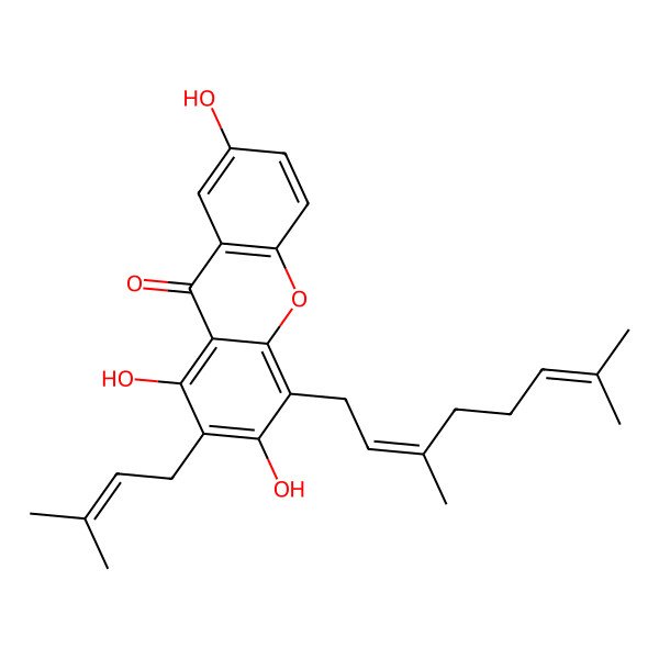2D Structure of 4-(3,7-Dimethylocta-2,6-dienyl)-1,3,7-trihydroxy-2-(3-methylbut-2-enyl)xanthen-9-one 2D Structure of 4-(3,7-Dimethylocta-2,6-dienyl)-1,3,7-trihydroxy-2-(3-methylbut-2-enyl)xanthen-9-one