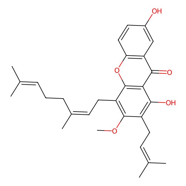 2D Structure of 4-(3,7-Dimethylocta-2,6-dienyl)-1,7-dihydroxy-3-methoxy-2-(3-methylbut-2-enyl)xanthen-9-one