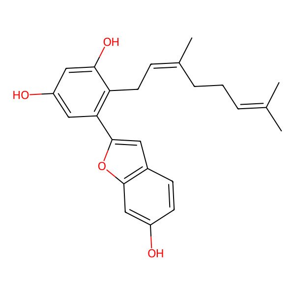 2D Structure of 4-(3,7-Dimethylocta-2,6-dienyl)-5-(6-hydroxy-1-benzofuran-2-yl)benzene-1,3-diol