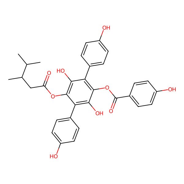 2D Structure of [4-[(3R)-3,4-dimethylpentanoyl]oxy-2,5-dihydroxy-3,6-bis(4-hydroxyphenyl)phenyl] 4-hydroxybenzoate