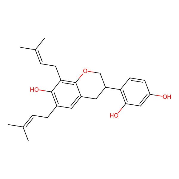 2D Structure of 4-[(3R)-7-hydroxy-6,8-bis(3-methylbut-2-enyl)-3,4-dihydro-2H-chromen-3-yl]benzene-1,3-diol