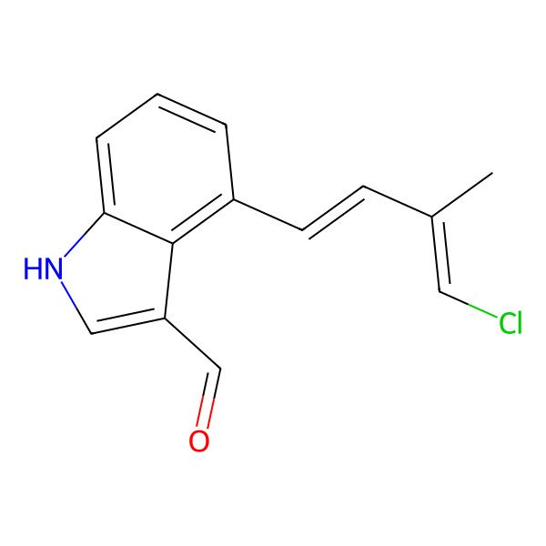 2D Structure of 4-(4-chloro-3-methylbuta-1,3-dienyl)-1H-indole-3-carbaldehyde